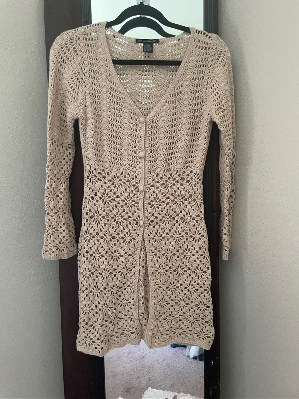 52 Weekends Beige Crochet Openwork Long Cardigan